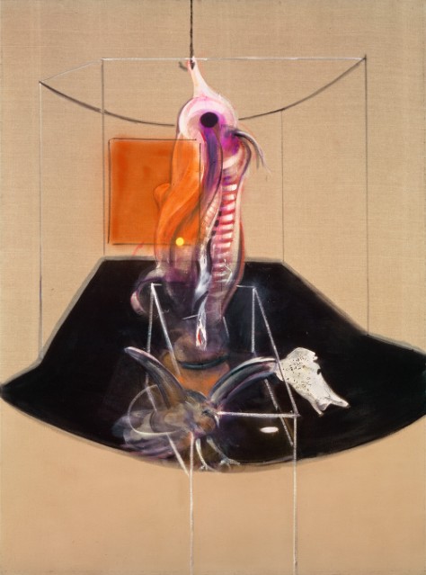 Francis Bacon, Carcass of Meat and Bird of Prey, 1980, oil and dry transfer lettering on canvas, Musée des Beaux-Arts de Lyon