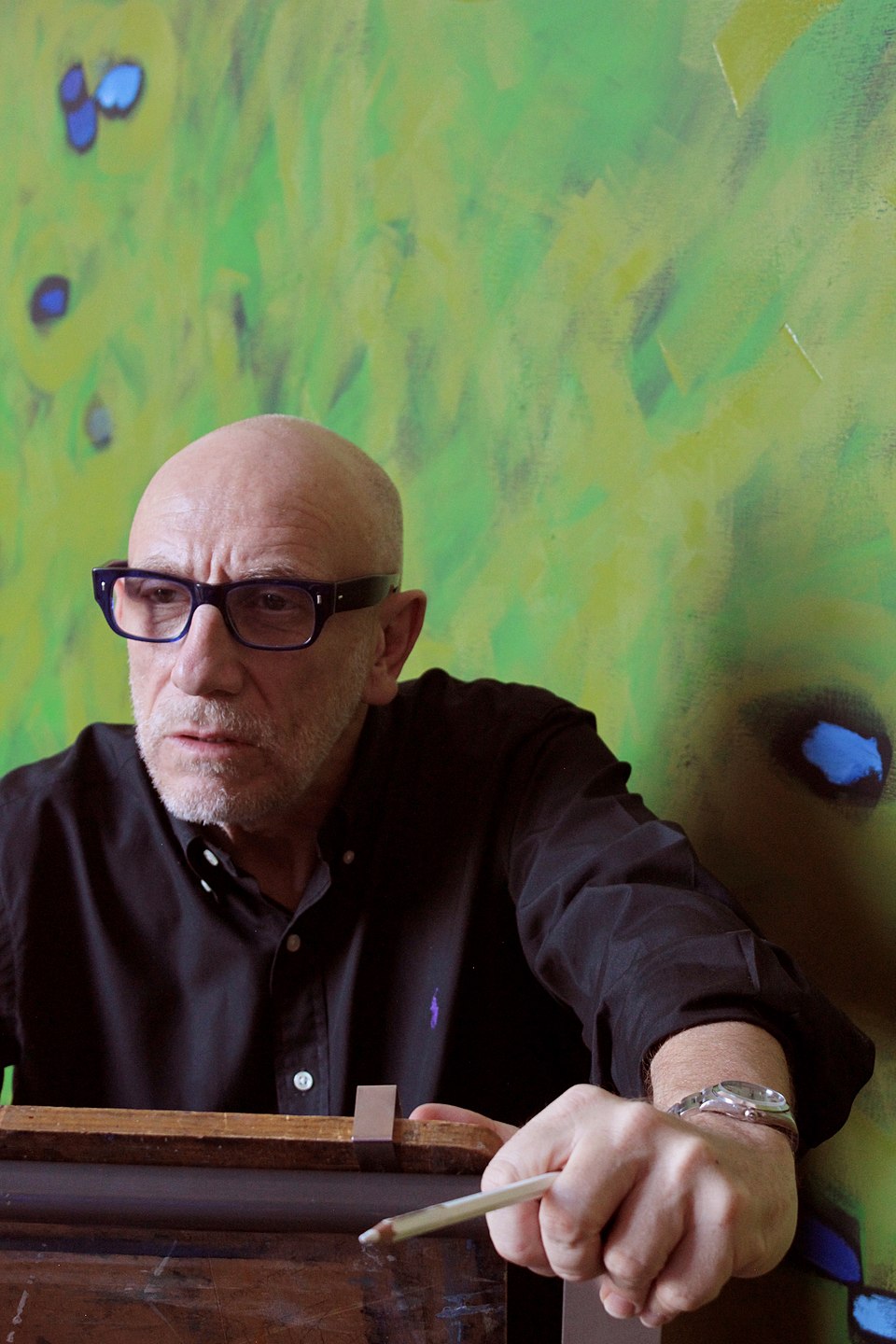 Stained glass artist Sir Brian Clarke in studio