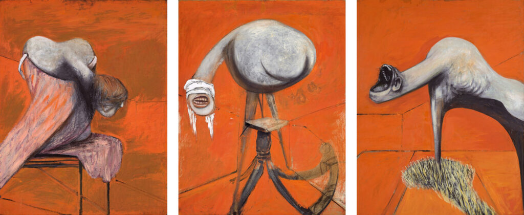 Francis Bacon, Three Studies for Figures at the Base of a Crucifixion, 1944, oil and pastel on fibreboard, Tate. Photo: Tate