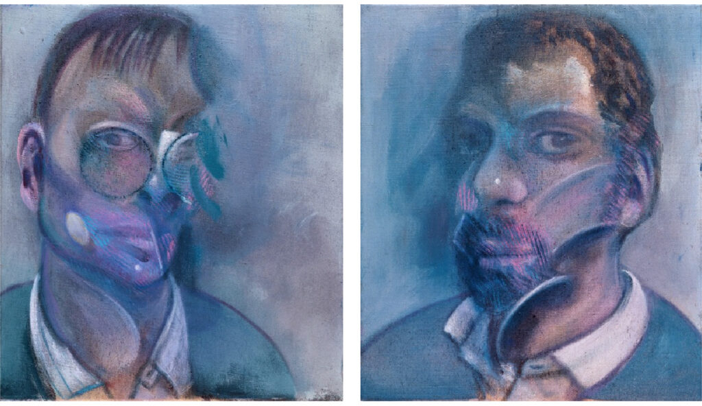Francis Bacon, Étude de Reinhard Hassert, 1979 ; Étude d’Eddy Batache, 1979, huile sur toile, 35,5 × 30,5 cm (pour chaque panneau), collection particuliere