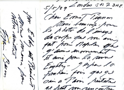 Lettre de Francis Bacon à Ernest Pignon-Ernest datée du 5 mai 1989. Collection: Dublin City Gallery The Hugh Lane